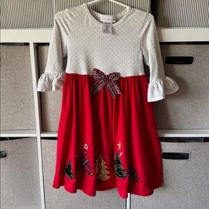 Bonnie Jean Mixed Media Christmas Tree Plaid Bow Polka Dotted‎ Dress Girls Sz 6X